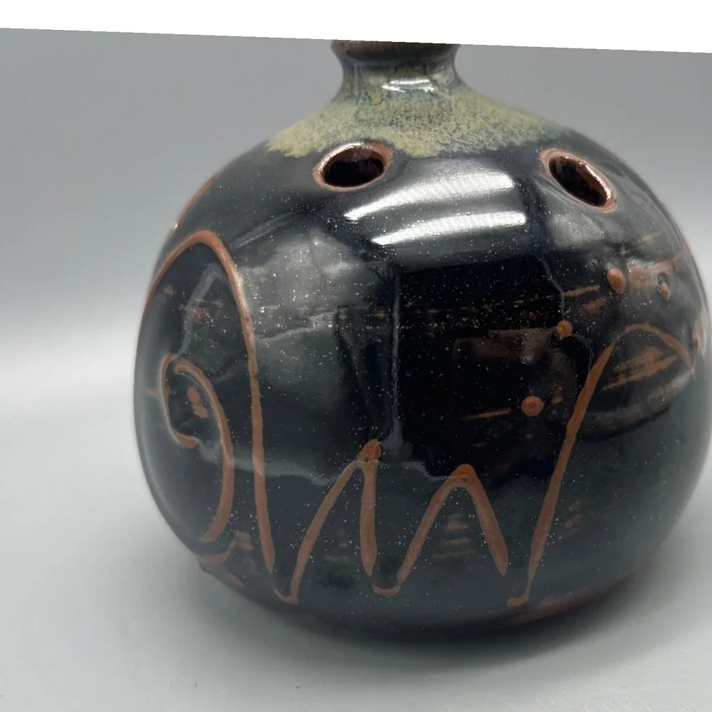 Marlow Signed Studio Pottery Flower Frog‎ Vase Black Brown Glazed Orb Ceramic
